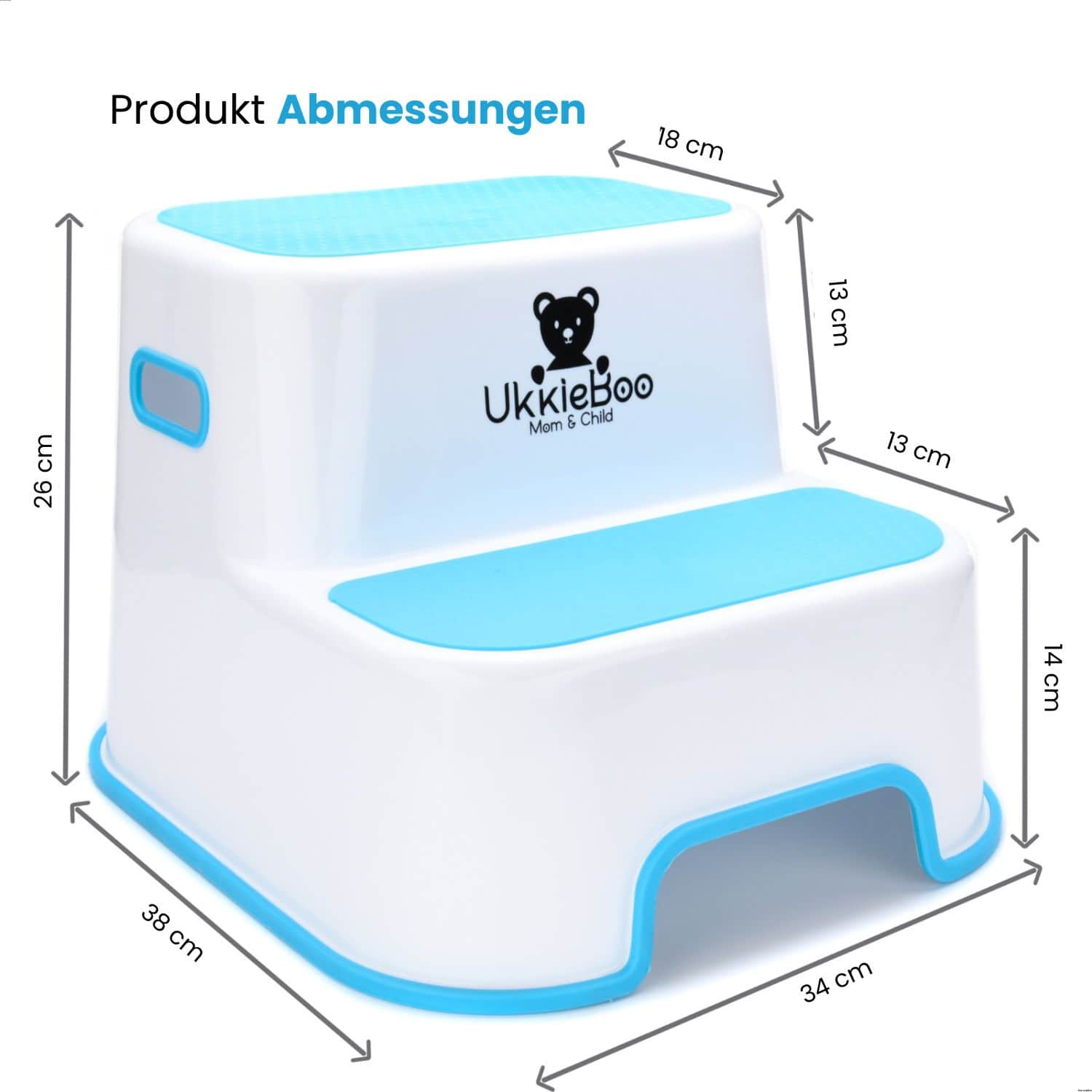UkkieBoo Tritthocker Blau - Abmessungen 38x34x14/26 cm