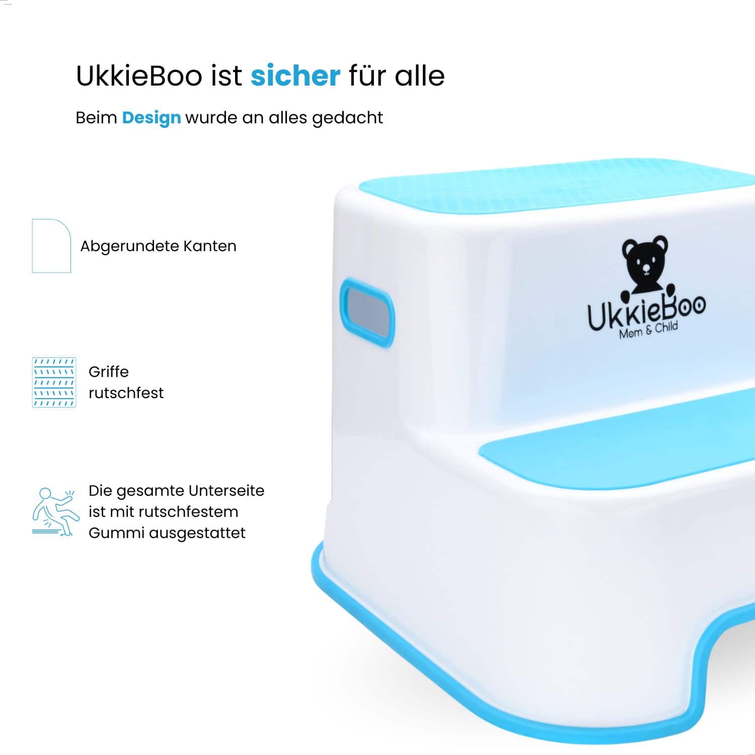 UkkieBoo Tritthocker Blau - Abgerundete Kanten und rutschfeste Griffe