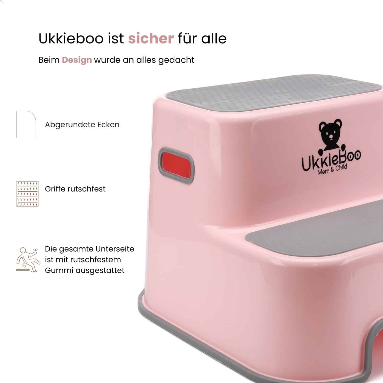 UkkieBoo Tritthocker Rosa - Abgerundete Kanten und rutschfeste Griffe
