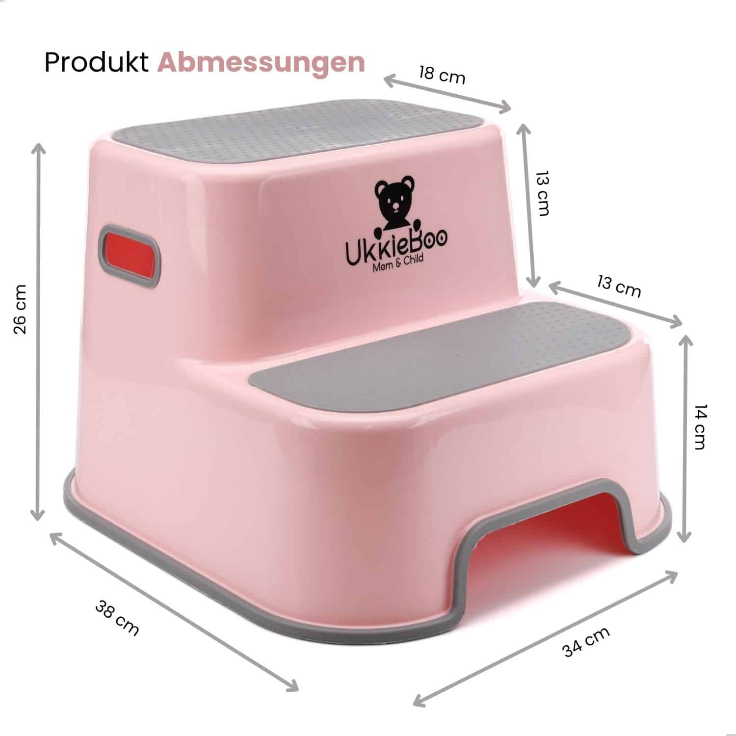 UkkieBoo Tritthocker Rosa - Abmessungen 38x34x14/26 cm